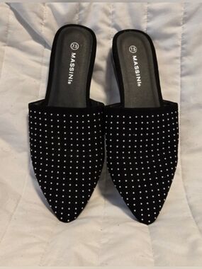 Massini Black Pointed Toe Slide Mules with Studs 7.5
